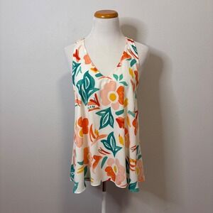 Everly Floral Tank Top Sleeveless Casual Summer Blouse White Orange Large‎